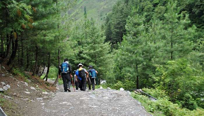 A group of tourists on a trek expedition to Kamlah Fort.