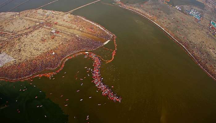 Aerial View of famous Kumbh Mela at Prayagraj near Kalyani Devi Temple