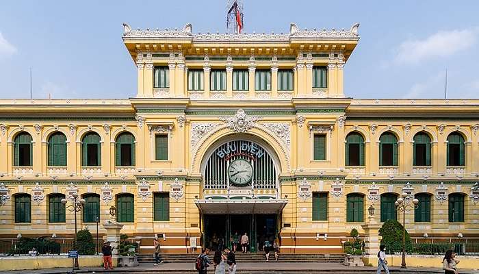 Front view of Saigon Central Post Office, a must visit attraction near Thien Hau Temple.