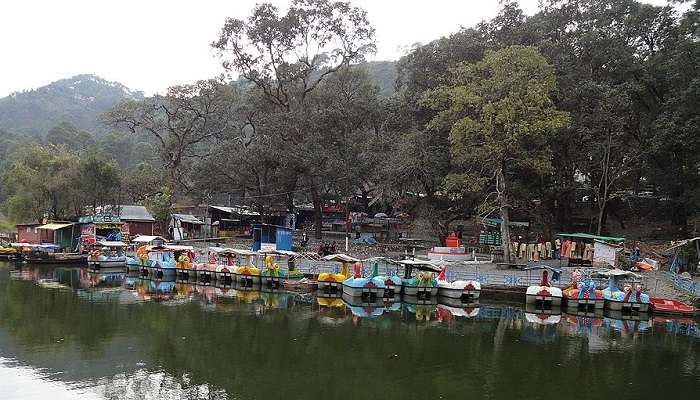 Scenic view of Sattal Lake with tourist paddle boats, surrounded by lush greenery