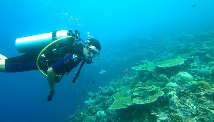 Freediver girl explores vibrant coral reef