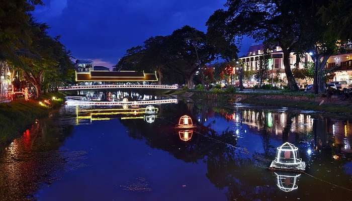 Majestic view of Siem Reap River at night, a must-see place near Phnom Kraom.