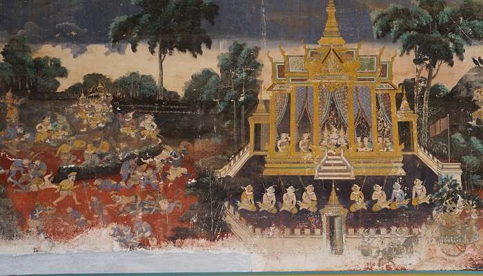 Ancient murals depicting traditional Cambodian scenes inside the Silver Pagoda Phnom Penh. 
