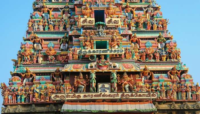 Hindu Gods Statues on Temple Wall in Chennai to visit near the hotels in Tiruvallur.