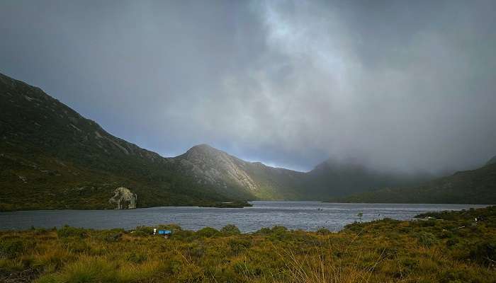 View of a hiking train at Cradle Mountain in winter