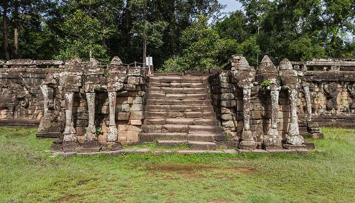 Known for its terrace wall and bas reliefs depicting carvings of elephants and a procession of warriors