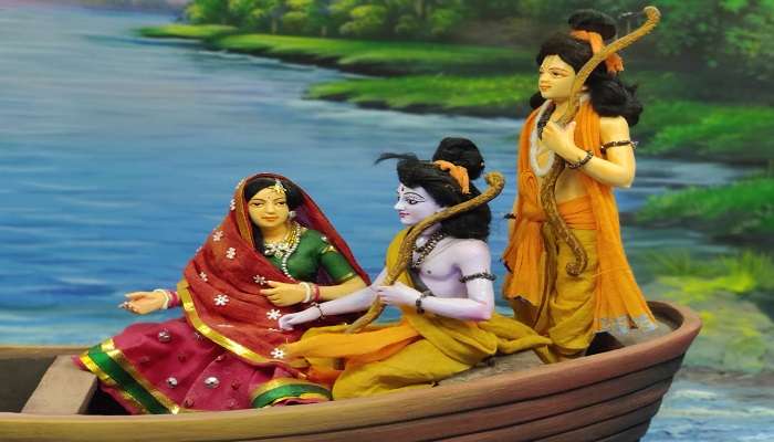 Lord Ram, Sita and Lakshman in a boat