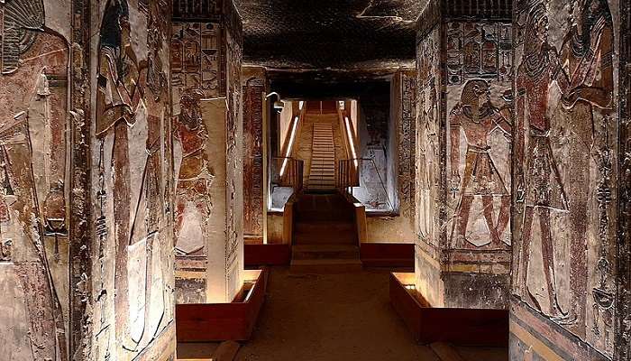 The corridor of Tomb of Seti 1 is filled with hieroglyphics.