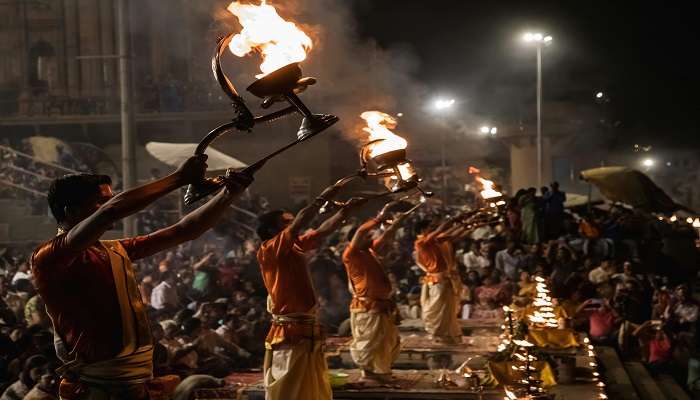 Evening Aarti offred at the Triveni Ghat by the priests