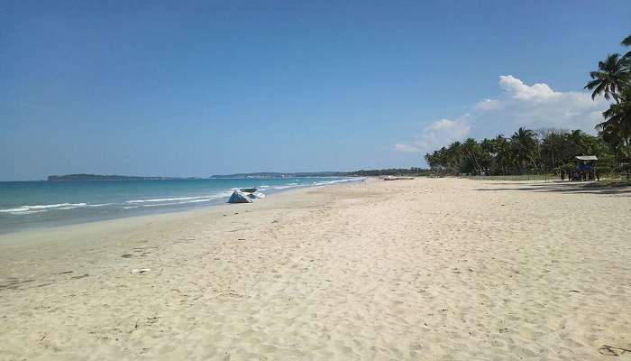 Serene Uppuveli Beach with swaying palms afar.