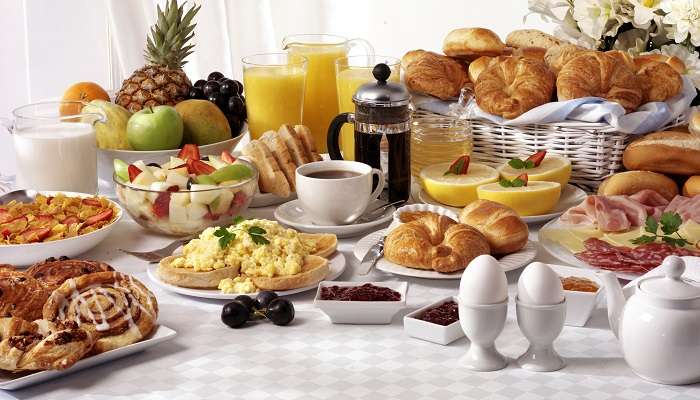 A breakfast buffet in a hotel