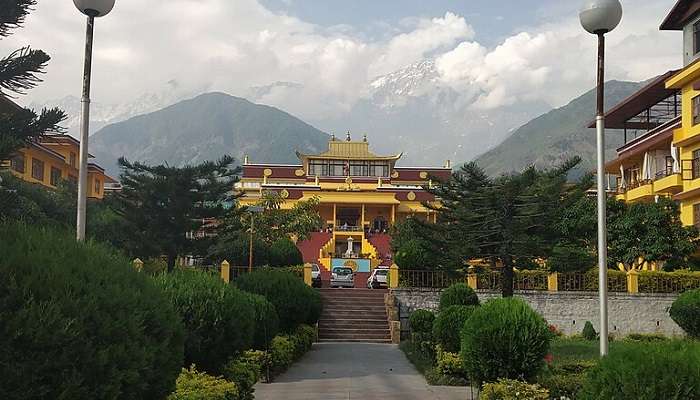 A picturesque view of the Gyuto Tantric Monastery Temple in Dharamshala, Himachal Pradesh