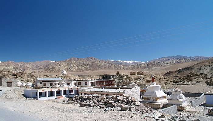 Alchi Monastery is located amidst picturesque backdrops in Ladakh.
