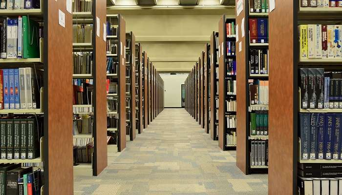 Reading area in Barton Library with visitors reading books