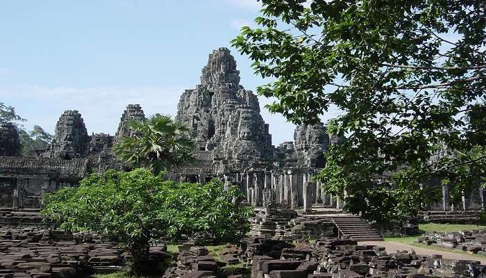 An ancient Bayon temple with intricate stone carvings