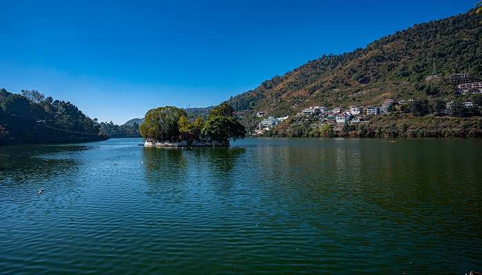 Beautiful top view of Bhimtal Lake, offering a serene ambience.