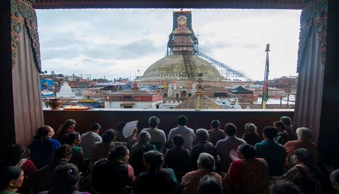 Devotees gathering at temple