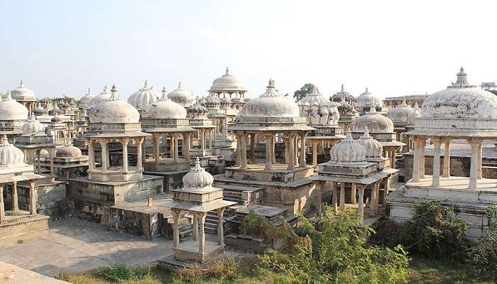 An aerial view of the many cenotaphs at Ahar