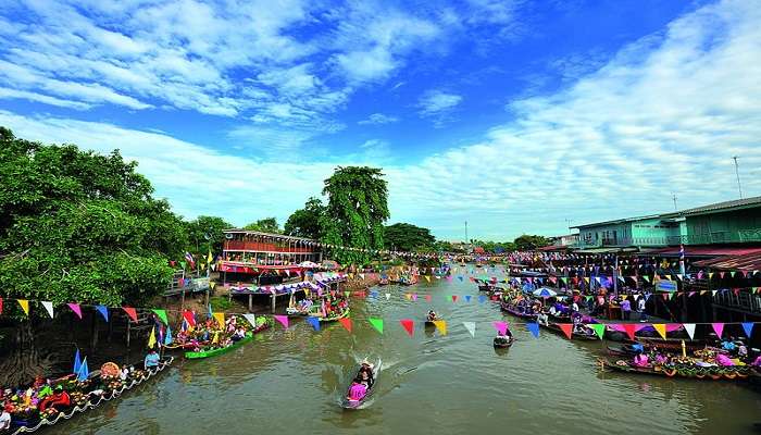 An aerial view of Floating Market In Ayutthaya near Wat Chaiwatthanaram 