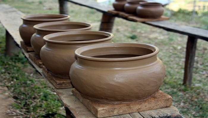  Freshly made pottery on the benches