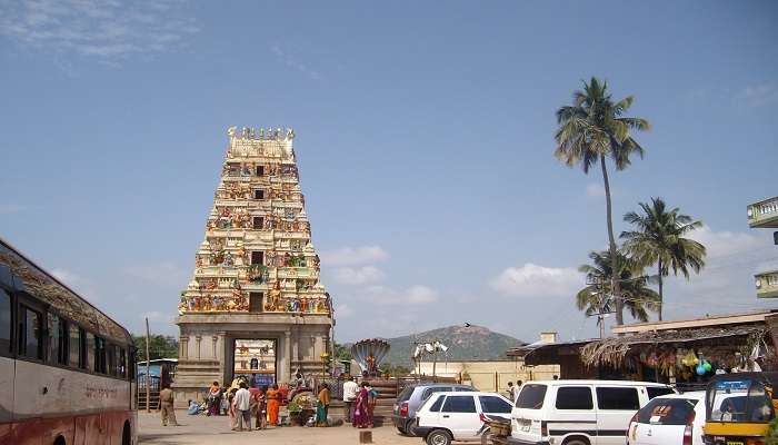 Colourful Ghati Subramanya Temple against the blue sky 