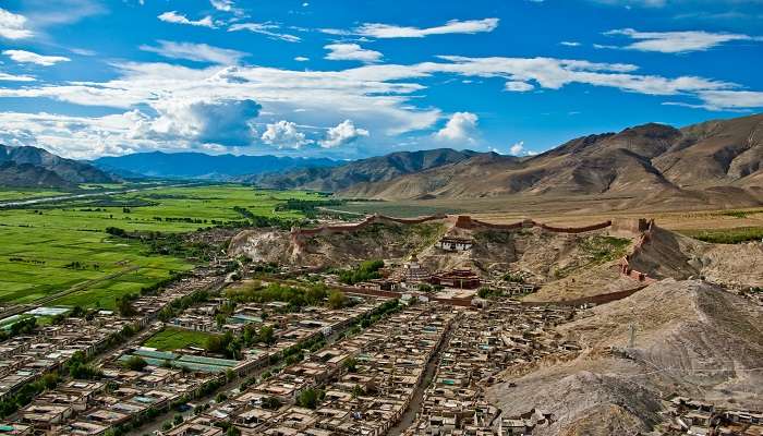 The beautiful view of the walled Gyantse town in Tibet