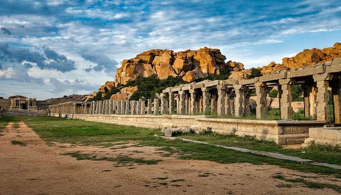 The vibrant Hampi Bazaar in the southern state of Karnataka in the city of Hampi is a must-visit site