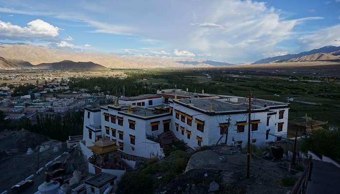 Spituk Monastery with a view of the breathtaking Himalayas mountains