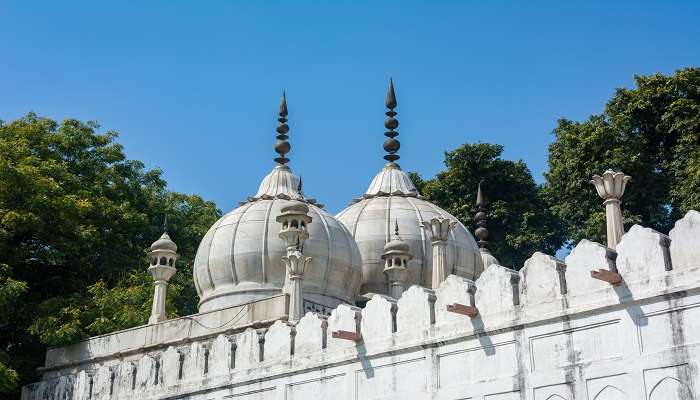 Marvel at the intricate craftsmanship of Moti Masjid's white marble.