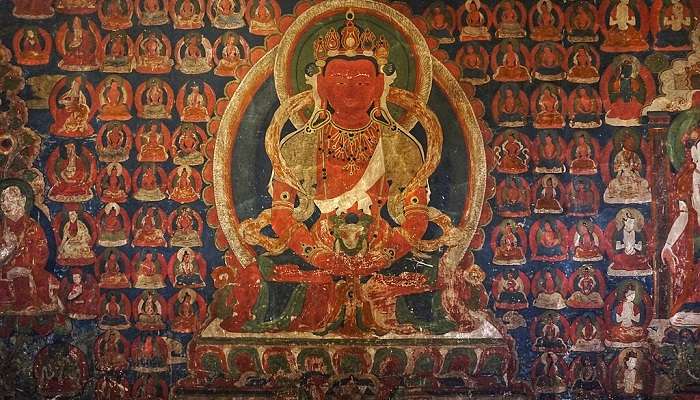 An ancient wall painting depicts a Buddhist Guardian at Phyang Monastery.