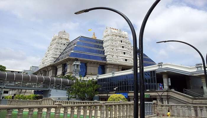  the ISKCON temple in Bangalore, a grand and majestic temple dedicated to Lord Krishna.