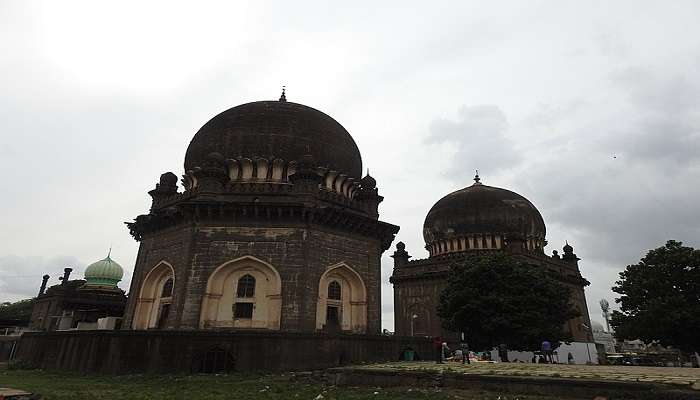 A view of the Jod Gumbaz tombs, a tourist place in Bijapur
