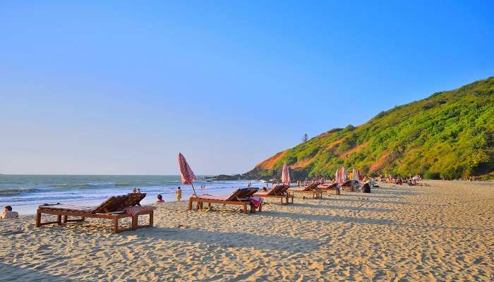 Sunbeds are kept at Kalacha Beach for tourists to visit near the Querium beach in Goa. 