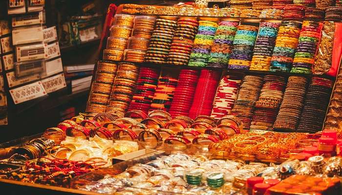 Shops selling Rudraksha beads and religious items in Kankhal Market.