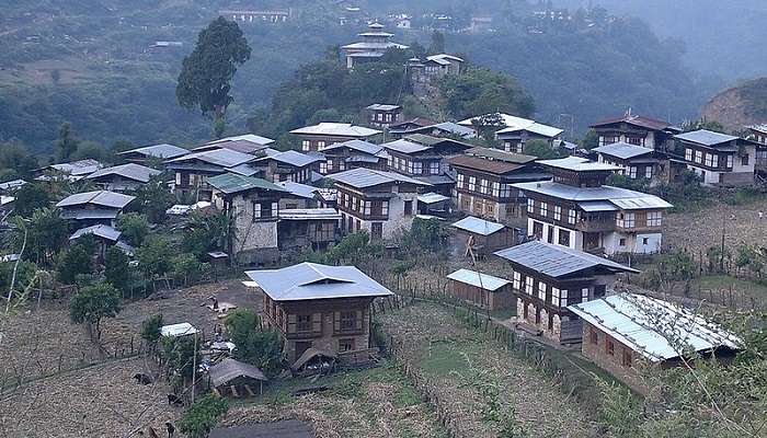 Aerial view of the Khoma Village’s traditional houses, a beautiful place near Lhuentse Dzong