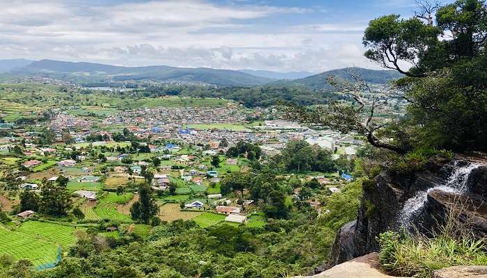 View of the town from Lovers Leap Waterfall Sri Lanka. 