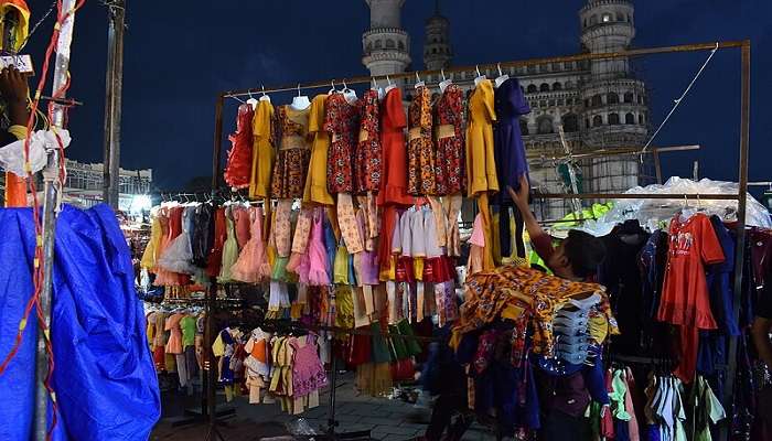 clothes on display at Meena Bazaar for shopping in Charminar