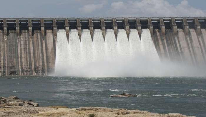 Gates releasing water at Nagarjuna Sagar Dam