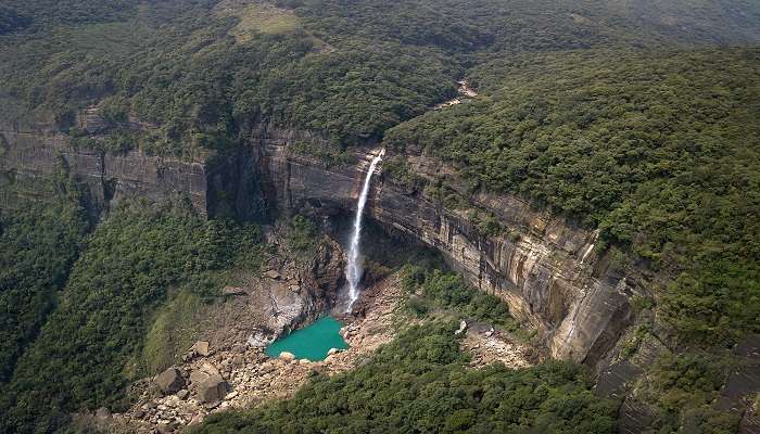 A stunning vista of the Nohkalikai Falls in Meghalaya from the viewpoint