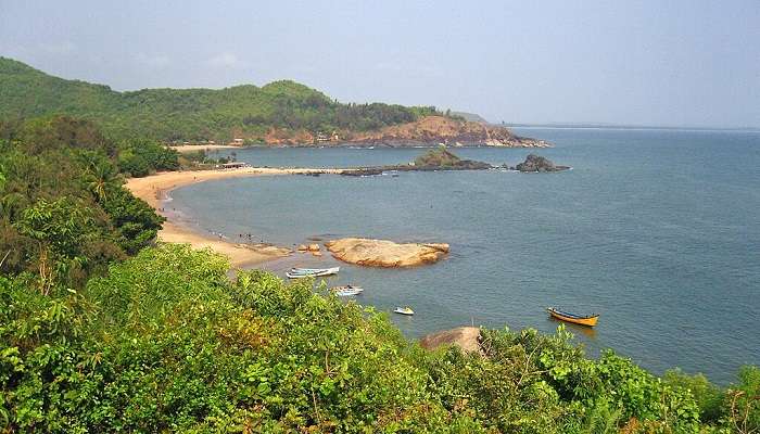 A panoramic view of the Om beach, located in close proximity to the Yana Rocks