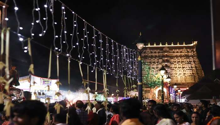 Stunning light decorations during the Navaratri at Padmanahaswamy Temple