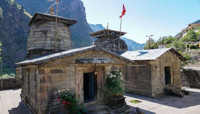 A temple made up of stones in Badrinath in winter.