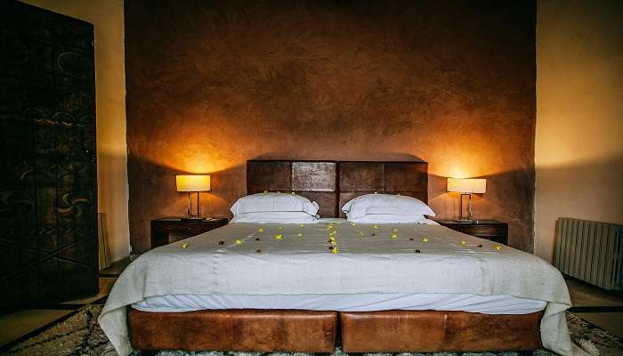 A warmly decorated room at a resort 