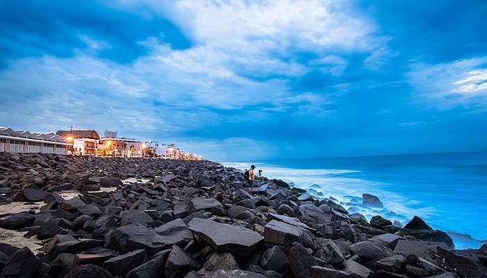View of Beach Road during sunset near Pondicherry Harbour