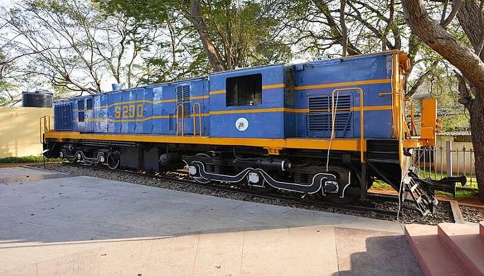 A vintage blue locomotive engine at Rail Museum Mysore