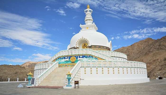 A majestic view of the Shanti Stupa, located close to Chumathang