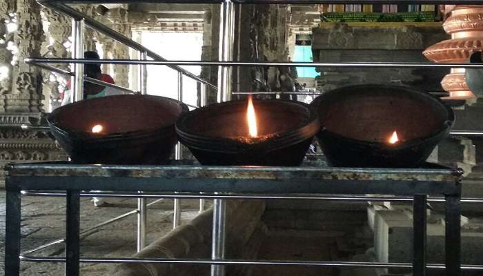 Diyas burning in the Varaha Swamy Temple in Tirupati.
