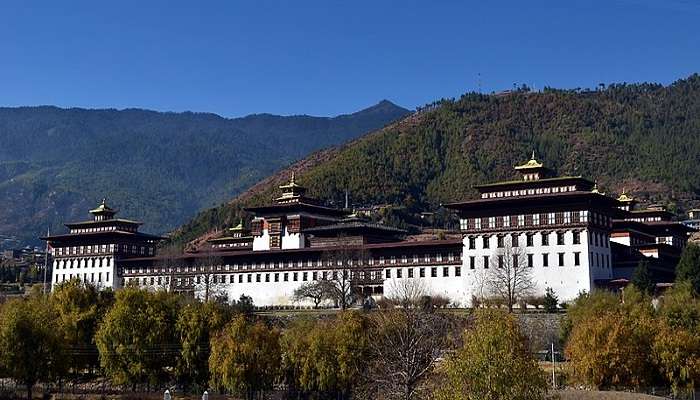 View of Tashichho Dzong, a must-see place near Clock Tower Square Thimphu.