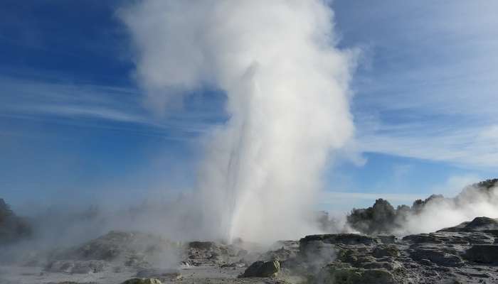 The Pohutu Geyser erupting in a hot pool at with steam billowing into the air.