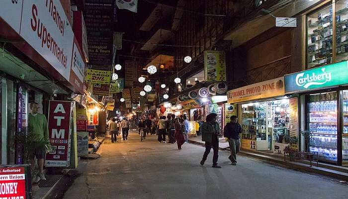 Night streets of Thamel near Swoyambhu Mahachaitya Temple.